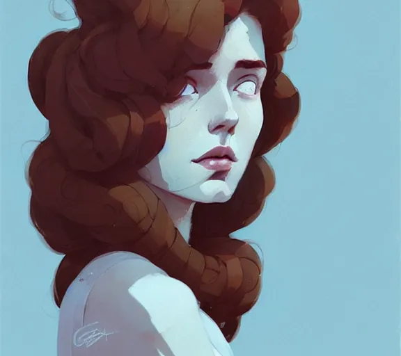 Image similar to portrait woman with long red curly hair, by atey ghailan, by greg rutkowski, by greg tocchini, by james gilleard, by joe fenton, by kaethe butcher, by ashley wood, dynamic lighting, gradient light blue, brown, blonde cream and white color scheme, grunge aesthetic