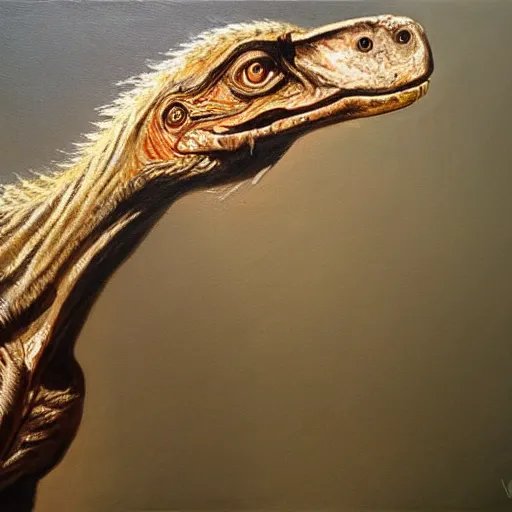 Image similar to oil painting of a velociraptor on canvas, by James gurney, realism, warm lighting, award winning, high detail, professional, volumetric lighting