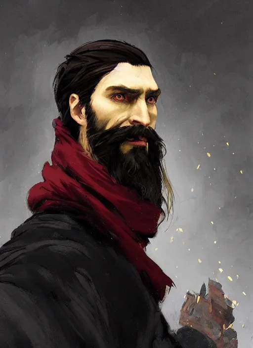 Image similar to character concept portrait of an attractive bearded young Rasputin dressed in a black, gold, and crimson robe with hood. Action pose. intricate, elegant, digital painting, concept art, smooth, sharp focus, illustration, from Metal Gear, by Ruan Jia and Mandy Jurgens and William-Adolphe Bouguereau, Artgerm