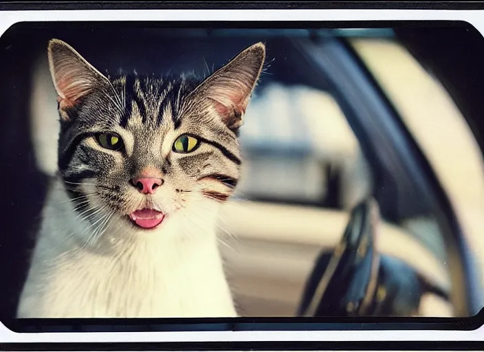 Image similar to A very high resolution image from a new movie, a cat driving a car around, inside of a car , mountains, Polaroid, directed by wes anderson