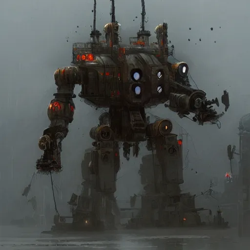 Prompt: gigantic steampunk mecha, dense fog, trending on artstation, jakub rozalski