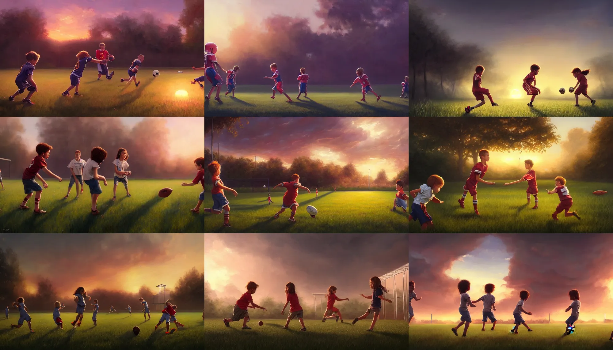 Image similar to beautiful painting of backyard football field with a pair of playing children during sunset, wide shot, digital painting, intricate details, trending on artstation, concept art, octane render, realistic, highly detailed, smooth, sharp focus, beautiful, 4 k, 8 k, hd, art by charlie bowater and artgerm and greg rutkowski