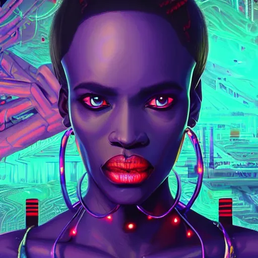 Image similar to african neon necromancer, science fiction, highly detailed, digital painting, beautiful eyes, symmetry, concept art, sharp focus, illustration, global illumination, radiant light, synthwave colors, detailed and intricate environment, art by artgerm and greg rutkowski and magali villeneuve and ilya kuvshinov!