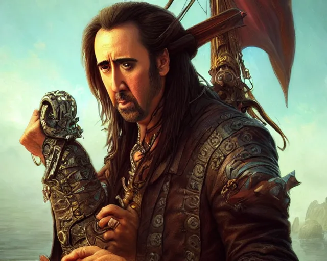 Image similar to nicolas cage as a pirate, deep focus, d & d, fantasy, intricate, elegant, highly detailed, digital painting, artstation, concept art, matte, sharp focus, illustration, hearthstone, art by artgerm and greg rutkowski and alphonse mucha