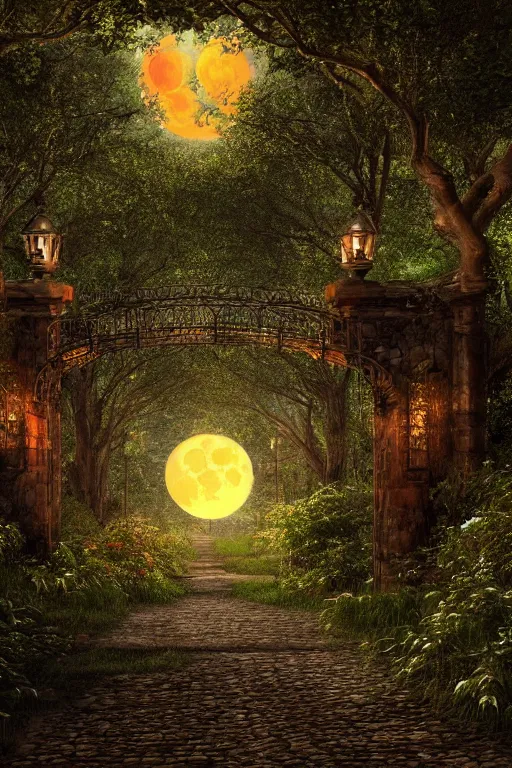 Prompt: a beautiful digital glossy clear sharp of a detailed gothic fantasy fireflies forest trees and iron gate cobblestone pathway vines full moon by james gurney, 8 k resolution trending on artstation concept art digital illustration