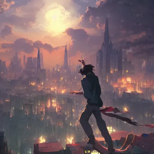 Image similar to a young man falling from the sky towards a magical city with a european style at night, illustration concept art anime key visual trending pixiv fanbox by wlop and greg rutkowski and makoto shinkai and studio ghibli