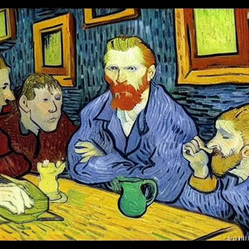 Prompt: a group of friends having lunch, van Gogh style