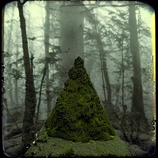 Image similar to a mossy rock pyramid in the middle of a forest clearing, at night, dark, foggy, eerie, creepy, unsettling, lost footage, old polaroid, expired film,