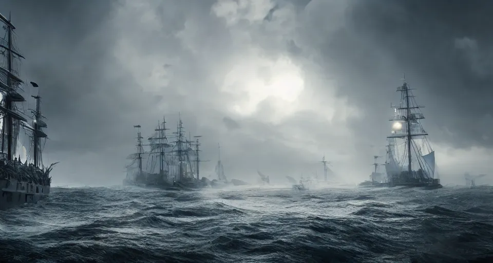 giant sailing battleship with ten sails, raging sea | Stable Diffusion ...