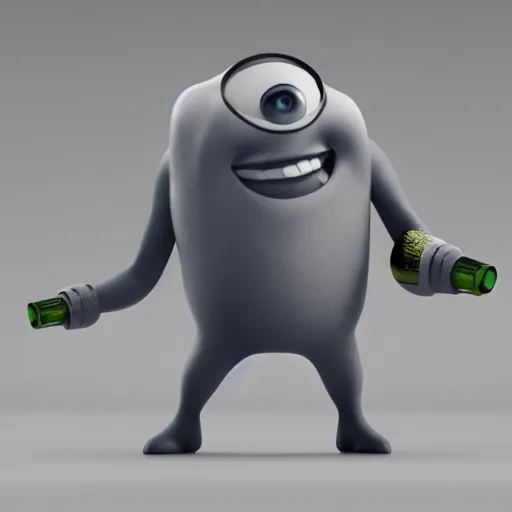Image similar to matt leblanc as a pixar character with a wine bottle body, 3 d, octane render