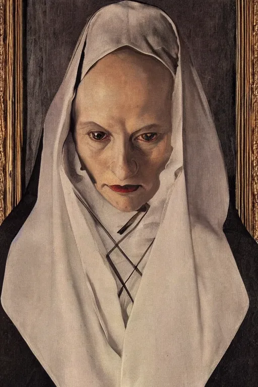 Prompt: portrait, vampire nun, opulent silver embroidered habit, art by jacek malczewski