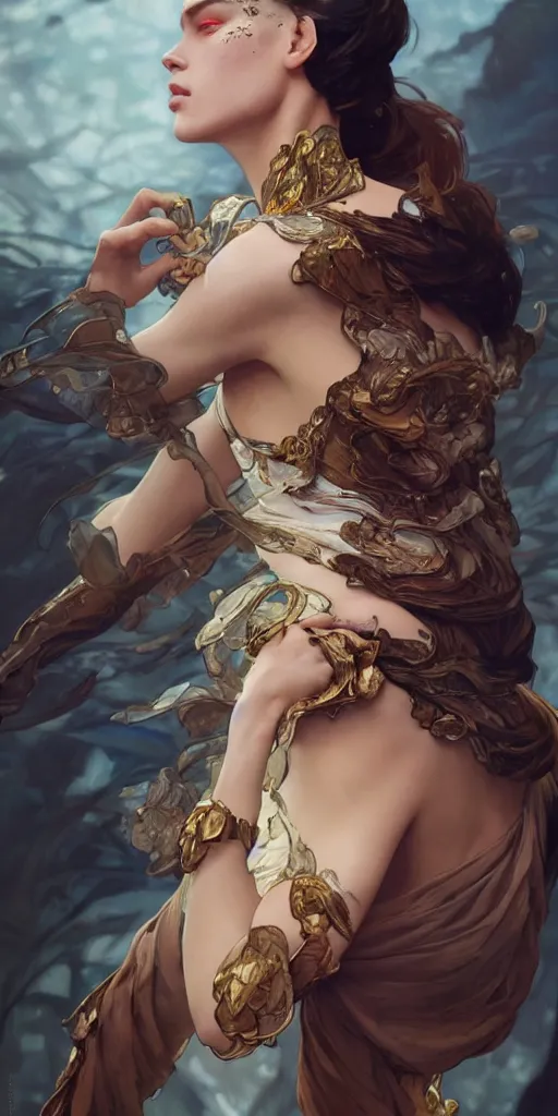 Image similar to high fashion photography, vogue, shooting, intricate, highly detailed, action pose, digital painting, artstation, concept art, smooth, sharp focus, illustration, Unreal Engine 5, 8K, art by artgerm and greg rutkowski and alphonse mucha