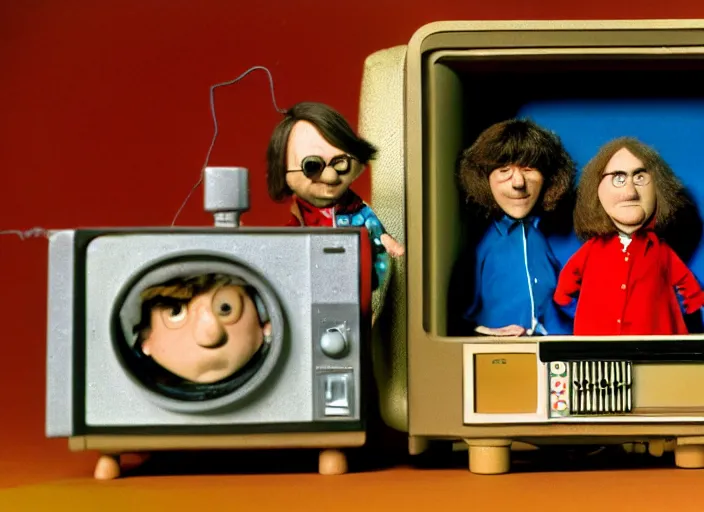 Prompt: a scene from a 1 9 7 0 s british kids tv programme by the bbc and oliver postgate, stop motion animation, peter dinklage, vhs distortion, cathode ray tube distortion, folk horror, hauntology, 8 k, 8 5 mm f 1. 8, studio lighting, rim light, right side key light