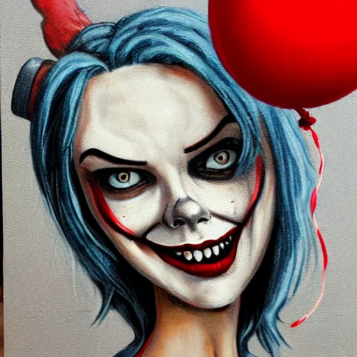 Image similar to grunge cartoon painting of margot robbie with a wide smile and a red balloon by chris leib, loony toons style, pennywise style, corpse bride style, horror theme, detailed, elegant, intricate