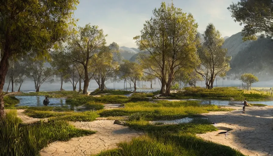 Image similar to concept art of an ecological park with a giant lake and paths around it in california, small white ecological hotels built around it, sunset light, hyperdetailed, artstation, cgsociety, 8 k