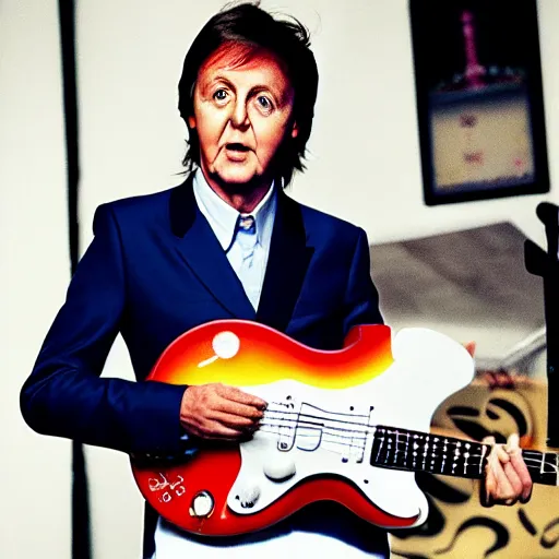 Image similar to Paul McCartney playing a Squier Hello Kitty Stratocaster, 8k, high definition, highly detailed, photorealistic