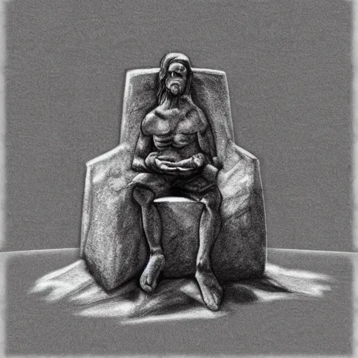 Image similar to rock dude sitting in a stone chair looking at his hands, in the style of stepehn gemmel, charcoal and ink on cold pressed paper, zbrush, high detail, atmospheric