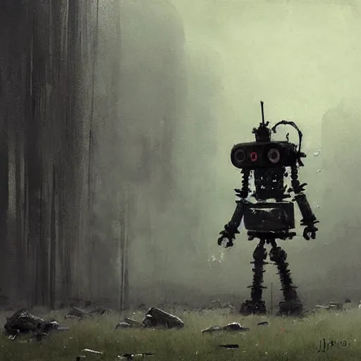 Image similar to an epic painting of a creepy robot by jakub rozalski