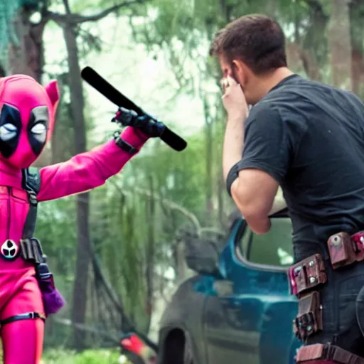 Prompt: cinematic shot of deadpool fighting pinkie pie with a boom mic