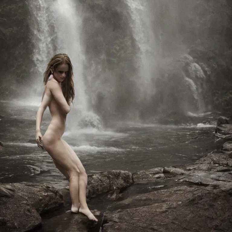 Image similar to intimate photo of emma watson walking through a waterfall, portrait in the style of petter hegre, sharp details, beautiful face, pale skin, rule of thirds, cinematic lighting, rainy weather, melancholy atmosphere, sharp focus, backlit, stunning, smooth, hard focus, full body shot, instagram photo, shot on iphone 1 3 pro max, hyper realistic