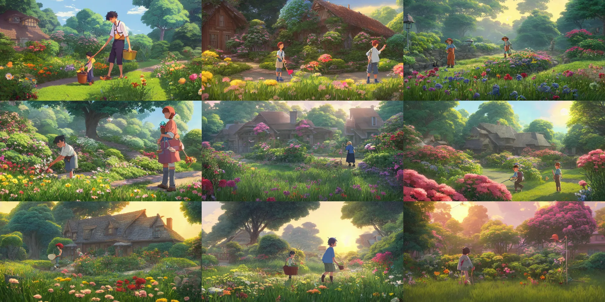 Prompt: a wholesome cottagecore illustration of a gardener taking care of the flowers in the front yard, studio Ghibli, Pixar and Disney animation, sharp, Rendered in Unreal Engine 5, anime key art by Greg Rutkowski, Bloom, dramatic lighting, sunrise