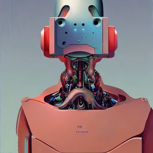 Image similar to Portrait of an artificial intelligence robot,highly detailed, very coherent, painted by Francis Bacon and Edward Hopper, Wayne Barlowe, painted by James Gilleard, surrealism, airbrush, art by JamesJean