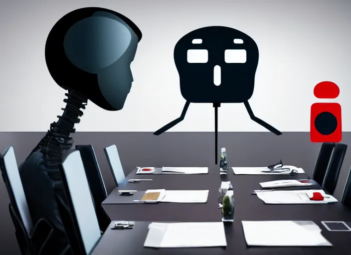 Image similar to A business meeting room. there are 2 people in the room. the first is a severed human head. flying human head. The head is Hovering with no body. the second person is the room is a Robot.