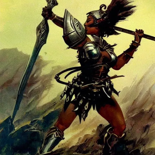 Image similar to fantasy painting by Frank Frazetta portraying a female warrior in armor,wielding a spear,high quality,beautiful,detailed