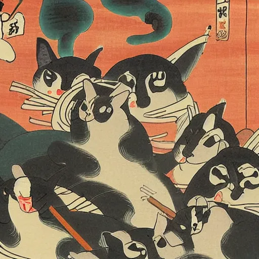 Prompt: masterpiece ukiyo-e painting of a cat parade at night