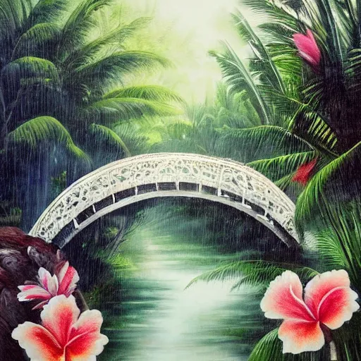 Image similar to monsoon on tropical island, attractive oriental native in white, frontal, ornate, beautiful, atmosphere, vibe, mist, coconuts, rain, wet, pristine, puddles, melting, dripping, snow, creek, lush, ice, bridge, forest, roses, flowers, oil painting by hans zatska