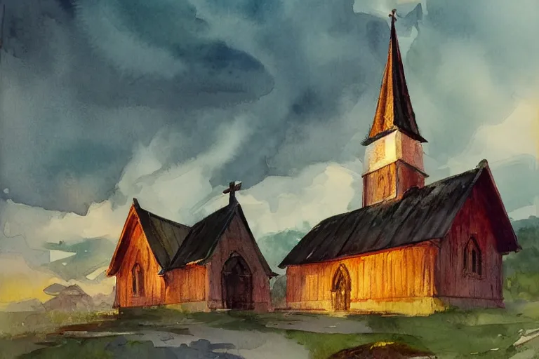 Image similar to small centered on watercolor paper, paint brush strokes, abstract watercolor painting of traditional scandinavian wooden church, medieval chapel at dawn, cinematic light, national romanticism by hans dahl, by jesper ejsing, by anders zorn, by greg rutkowski, by greg manchess, by tyler edlin