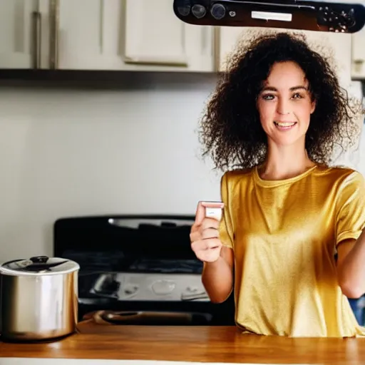 Image similar to a selfie of a brunette female, young, athletic, australian, wearing a gold tshirt in a kitchen