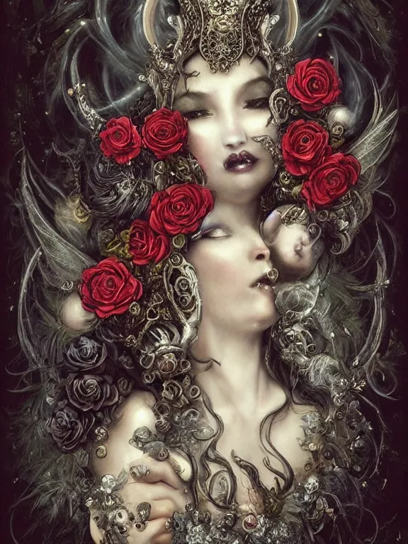 Prompt: a dark fairy lady who has rococo dramatic headdress with baroque intricate fractals of roses,dressed dembellished pearls tassels made of crystal,by tom bagshaw,Cedric Peyravernay,aaron horkey,Nekro,trending on pinterest,hyperreal,jewelry,gold,maximalist