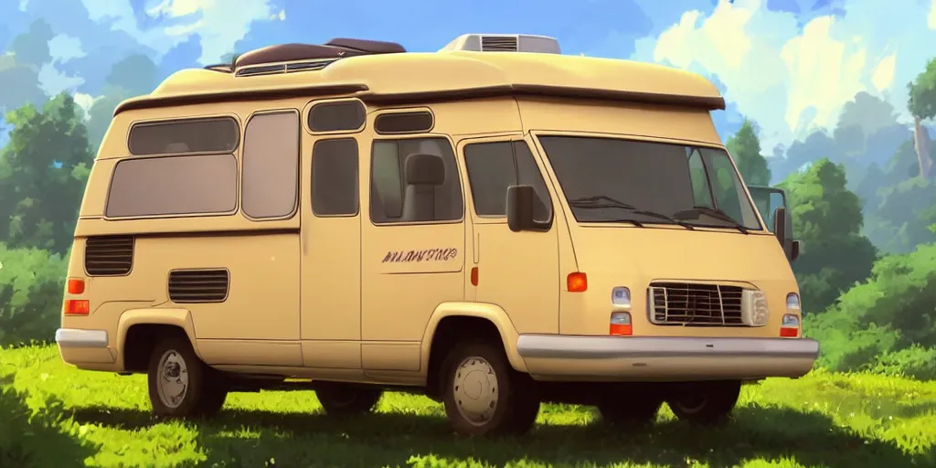 Prompt: a wholesome animation key shot of one!! focused!! 1 9 9 4 fiat hymer motorhome!! in the! romanian countryside!, medium shot, studio ghibli, ( pixar ) and disney animation, sharp, very detailed, high resolution, rendered in unreal engine 5, anime key art by greg rutkowski, bloom, dramatic lighting