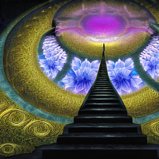 Image similar to a detailed fractal picture of the elevator to hell surrounded by a field of black lotus flowers with petals in a fibonacci sequence, in the style of magic the gathering, highly detailed, digital painting, god rays, volumetric lighting, octane render, 4 k resolution, art by adam paquette and johann bodin and jason rainville