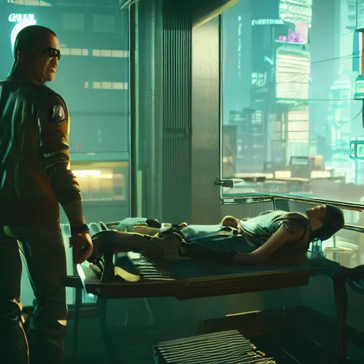 Prompt: ripper doc surgery tragedy. low light. diffuse ambience. Cyberpunk 2077. CP2077. 3840 x 2160