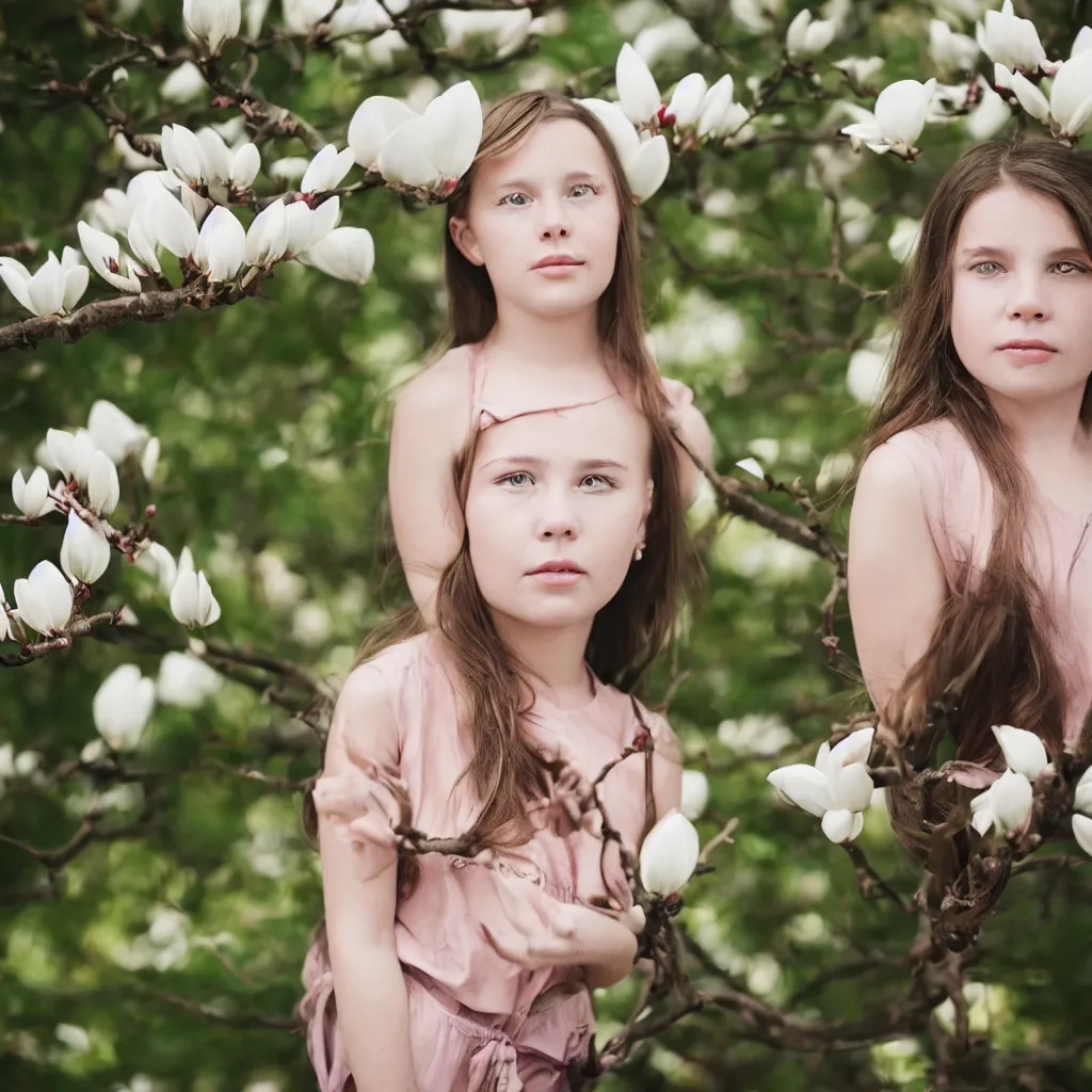 Image similar to a girl portrait with a magnolia near the face, 8 5 mm lens, bokeh