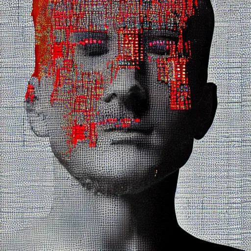 Prompt: A fashion editorial headshot of Michaelangelo's statue of David with matrix code bleeding from his eyes, glitch art