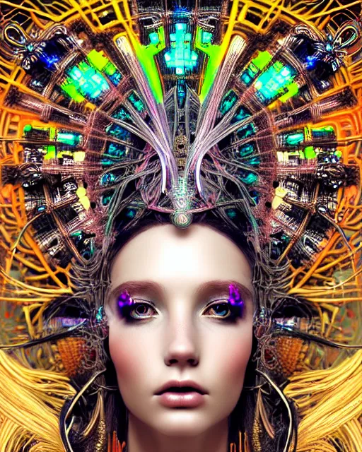 Image similar to hyperrealistic detailed portrait of a beautiful goddess in a cyber headdress, intricate cyberpunk neon make - up, art by ernst haeckel, nekro borja, alphonso mucha, h. r. giger, ornamental gothic - cyberpunk,