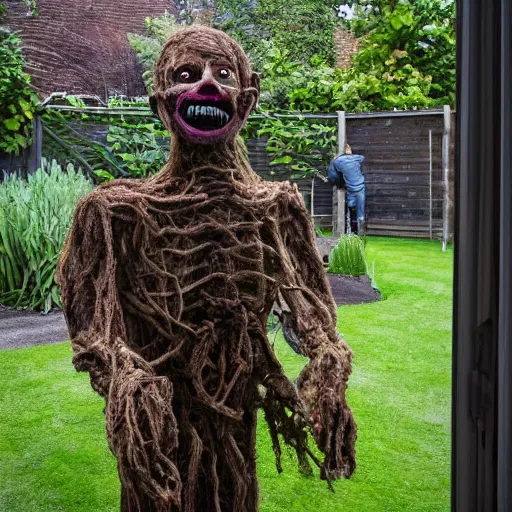 Prompt: looking out of your window and nightmare fuel standing in your garden at night, photo