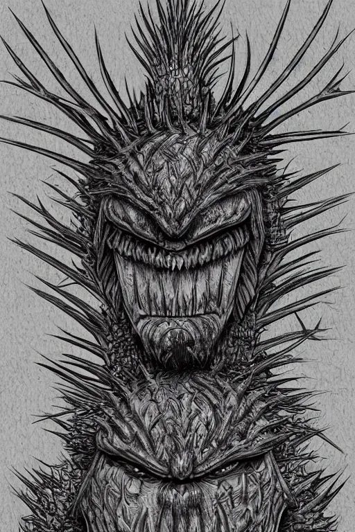 Image similar to thistle monster heavily armoured, symmetrical, highly detailed, digital art, needles, thorns, sharp focus, trending on art station, kentaro miura manga art style