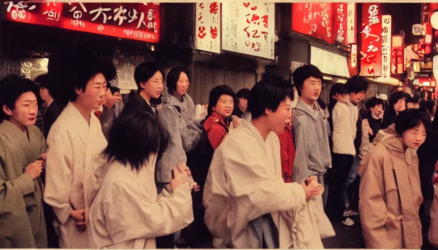 Image similar to masterful photography by haruto hoshi and yang seung woo and saul leiter, young people enjoying night life in kabuki cho japan in the 1 9 9 0 s, film grain, full color, shot on kodak gold with a canon 3 5 mm lens aperture f / 5. 6, hyperrealistic