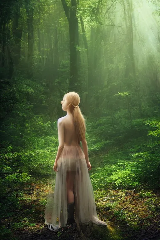 Image similar to beatiful elf princess in a secret forest, 3 / 4 chest view, hair jewellery, fully clothed, light mist, light rays sieving through the trees, shallow depth of field, by yuumei