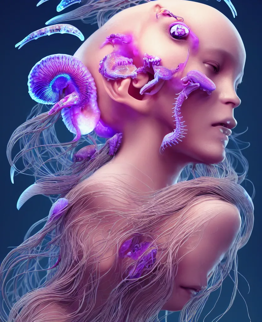 Prompt: goddess princess beautiful woman face close-up portrait ram skull. jellyfish phoenix head, nautilus, orchid, skull, betta fish, bioluminiscent creatures, intricate artwork by Tooth Wu and wlop and beeple. octane render, trending on artstation, greg rutkowski very coherent symmetrical artwork. cinematic, hyper realism, high detail, octane render, 8k