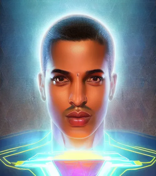 Image similar to symmetry!! egyptian prince of technology, solid cube of light, hard edges, product render retro - futuristic poster scifi, lasers and neon circuits, brown skin man egyptian prince, intricate, elegant, highly detailed, digital painting, artstation, concept art, smooth, sharp focus, illustration, dreamlike, art by artgerm