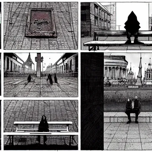 Image similar to storyboard : sadie sink in hoodie sits on bench in ruined square, pedestrians walk by, soviet monument and propaganda posters. scifi cyberpunk. by gabriel hardman. cinematic atmosphere, detailed and intricate, perfect anatomy