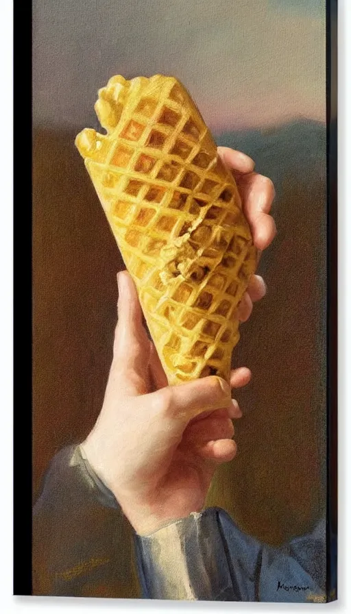 Image similar to still-life painting of hand holding a waffle cone (containing scoops of gelato) by Krøyer, lush garden in the background, golden hour, dramatic lighting, volumetric lighting, intricate detail, canvas print