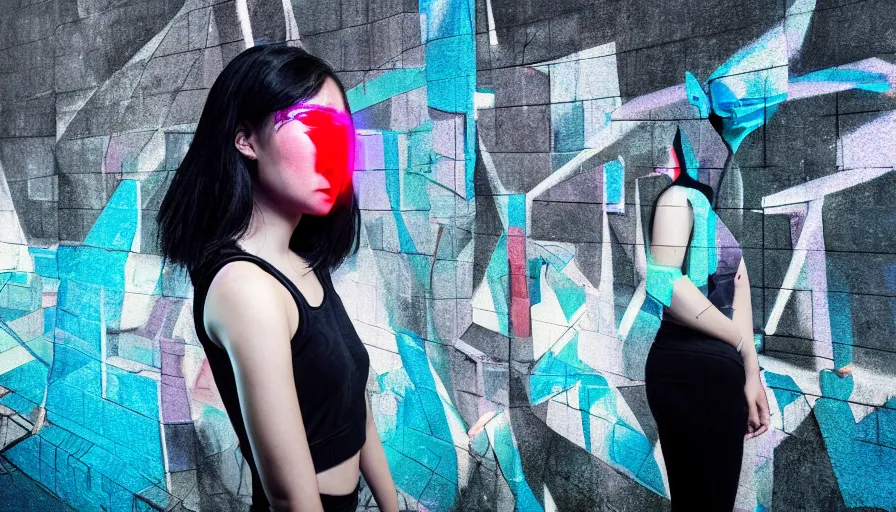 Image similar to portrait of a pretty young tech sport blindfold hooded asian woman standing in front of a wall of graffiti intricate volumetric octane render 3 d street art depicting dark monochrome neon fluorescent color abstract geometry in the style of wlop, mirrors edge, odeith