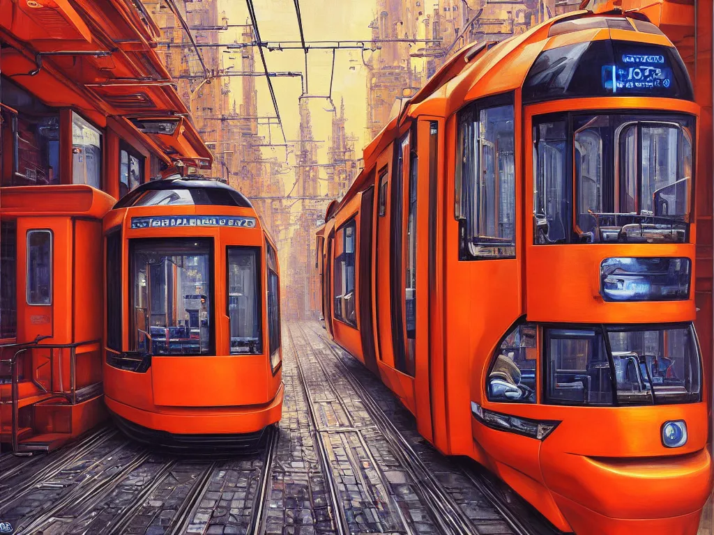 Prompt: hyperrealistic painting of a slice of life from milano city, mechanical designs, futuristic orange tram, technological, detailed engineering, vivid color, elegant, meticulous, cinematic, cyberpunk style, highly detailed, realism, intricate, acrylic on canvas, 8 k resolution, concept art, by noriyoshi ohrai, francesco di giorgio martini
