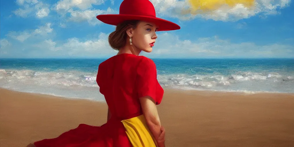 Image similar to beautiful oil matte portrait painting, young woman with red dress and mustard yellow summer hat at a beach on a sunny day, wonderful masterpiece highly detailed, beautiful cinematic light deep focus, elegant, digital painting, smooth, sharp focus, golden ratio, dramatic illumination, ultra realistic, 8 k, art by jimmy law